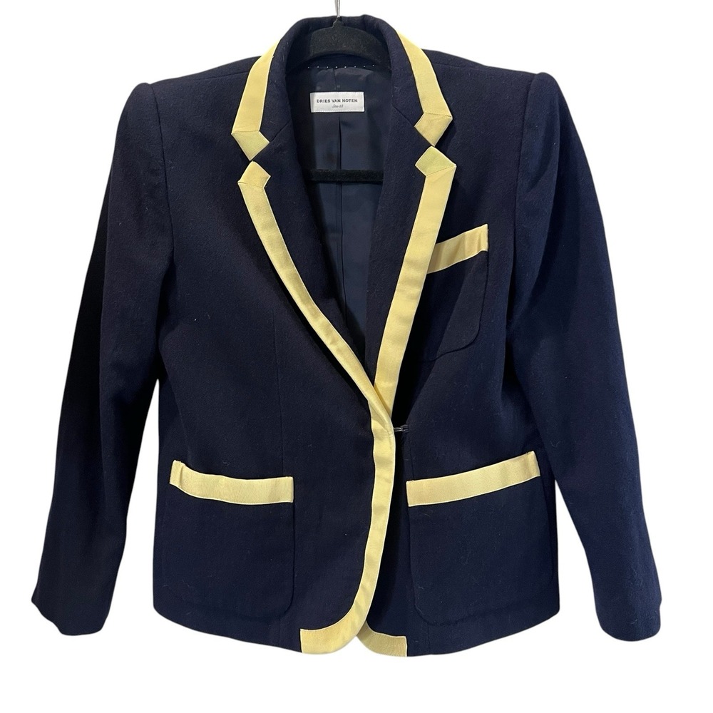 Dries‎ Van Noten Wool Bessie Blazer Size 38 Navy Yellow Trim